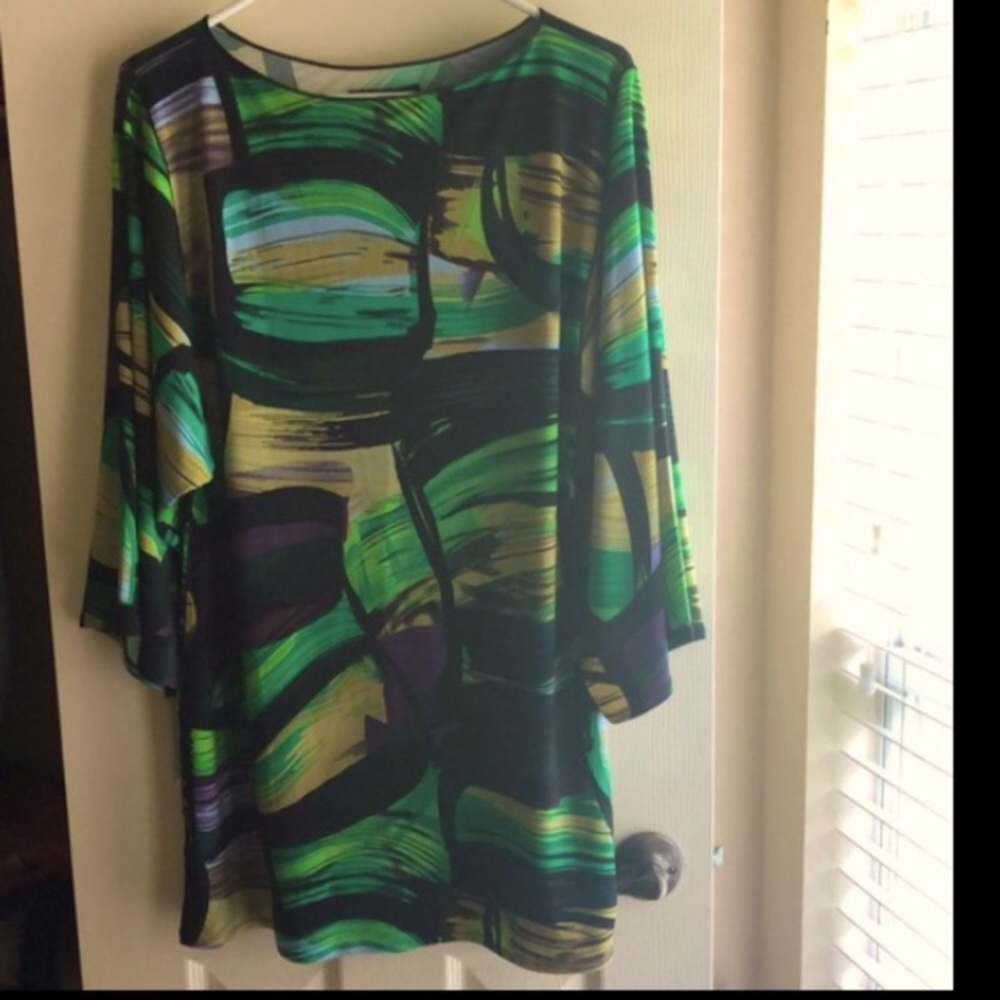 Knit Jersey Abstract Geometric Print Boat Neck Tunic Dress Eva Varro Green Multi